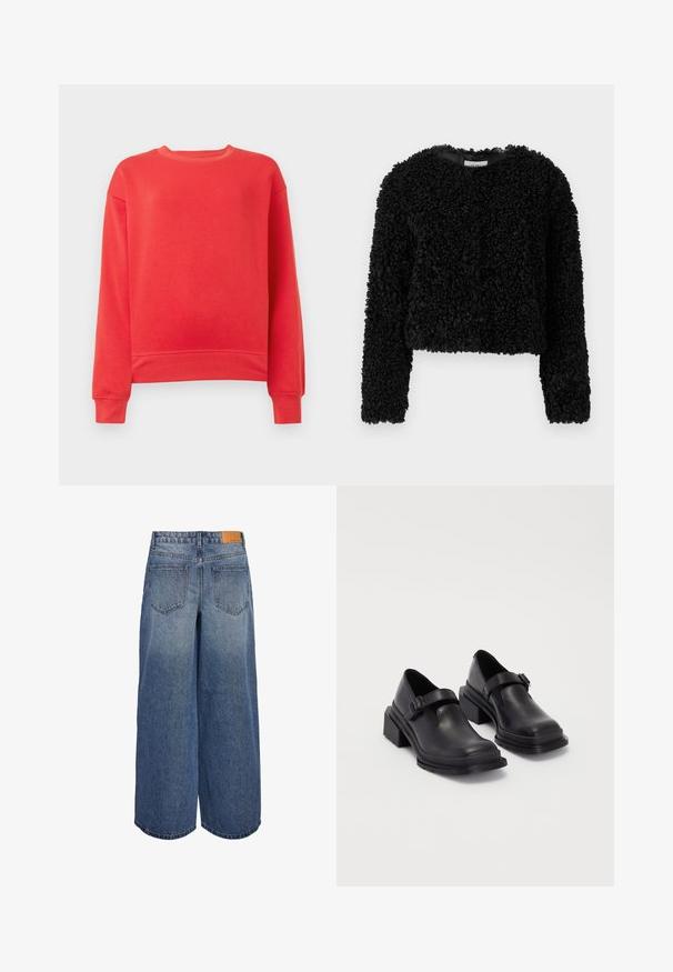 Fekete, rövidített pulóver texturált anyagból, bolyhos felülettel. Hosszú ujjú és kerek nyakkivágású, lágy, meleg megjelenést biztosít.; Piros pulóver puha anyagból, kerek nyakkivágással, hosszú ujjakkal, bordázott mandzsettákkal és aljjal. Egyszerű, egyszínű kialakítás.; Széles lábú denim culotte nadrág közepes kék mosással és kopott textúrával, két hátsó zsebbel és barna bőr márkás címkével a derékon.; Fekete bőr cipők lekerekített orral, lapos talppal és csattal díszített pánttal. Masszív blokk talp a megnövelt stabilitásért.