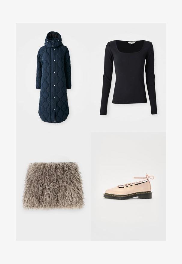 Padded, tmavo modrý dlhý kabát s kapucňou, s cvokmi, elastickými manžetami a vzorovanou textúrou pre zvýšenie tepla.; Čierny dlhý rukáv rebrovaný top so štvorcovým výstrihom, vyrobený z elastického materiálu, priliehavý strih a jednofarebný bez vzorov alebo ozdôb.; Umelá kožušinová kabelka vo svetlo šedej farbe s plyšovou textúrou. Obdĺžnikový tvar s jemnými, vlnitými vláknami a bez viditeľného kovania alebo akcentov.; Bledoružová kožená topánka s okrúhlym špičkou, šnurovaním a čiernou platformou zvýraznenou žltým prešívaním.