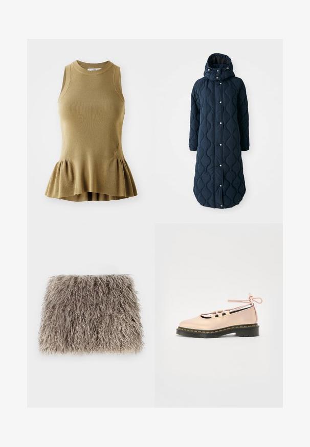 Többrétegű, sötétnavy hosszú kabát kapucnival, nyomásgombokkal, rugalmas mandzsettákkal és mintás textúrával a megnövelt melegítő hatás érdekében.; Ujjatlan felső olíva zöld kötött anyagból, bordázott textúrával, testhezálló fazonnal és harang alakú peplum aljjal.; Világosszürke műszőrme táska, bolyhos textúrával. Téglalap alakú, puha, hullámos szálakkal, látható fém alkatrész vagy kiegészítő nélkül.; Halvány rózsaszín bőr cipő, lekerekített orral, fűzős részletekkel és fekete platformtalpjal, melyet sárga varrás díszít.