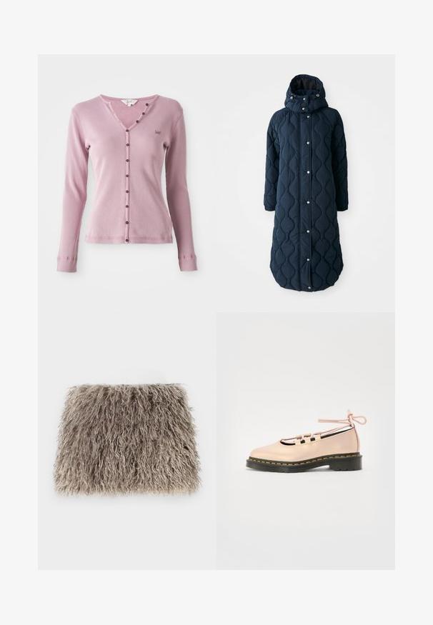 Padded, tmavo modrý dlhý kabát s kapucňou, s cvokmi, elastickými manžetami a vzorovanou textúrou pre zvýšenie tepla.; Ružová rebrovaná kardigán s dlhým rukávom a výstrihom do V, s hnedými gombíkmi po celej prednej strane a malým logom na ľavej hrudi.; Umelá kožušinová kabelka vo svetlo šedej farbe s plyšovou textúrou. Obdĺžnikový tvar s jemnými, vlnitými vláknami a bez viditeľného kovania alebo akcentov.; Bledoružová kožená topánka s okrúhlym špičkou, šnurovaním a čiernou platformou zvýraznenou žltým prešívaním.