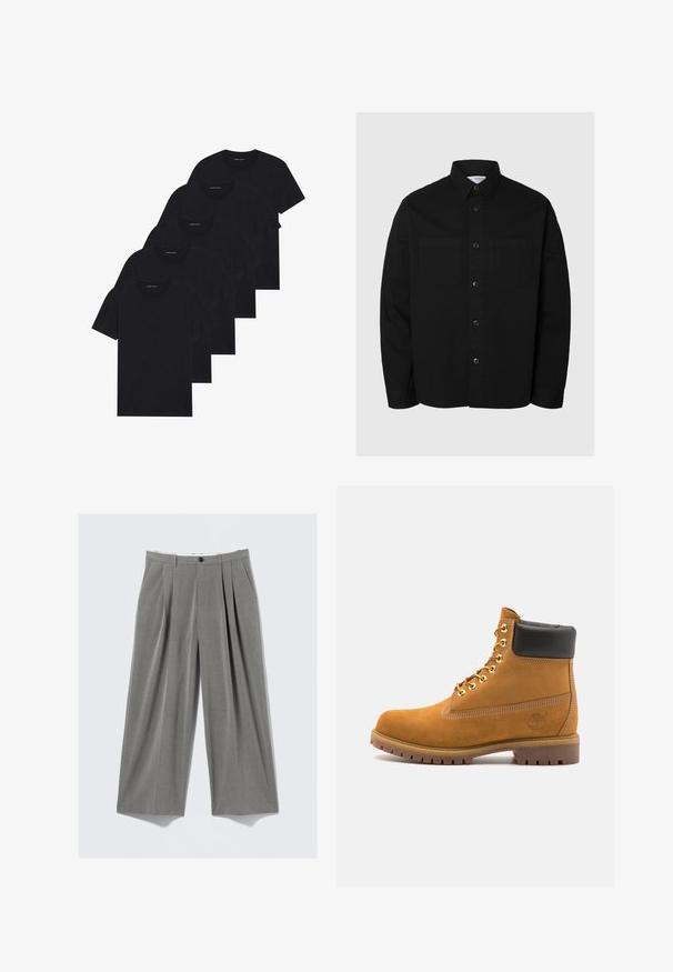 Juodas ilgomis rankovėmis mygtukinis marškinys su dviem krūtinės kišenėmis ir klasikiniu apykakle, pristatytas prieš paprastą šviesią fono.; Juodas užtrauktukas hoodis, pagamintas iš minkštos medžiagos. Turi gobtuvą, priekinės kišenes ir guminį rankogalių bei apačios apvadą. Lygus paviršius be raštų.; Penki juodi apvalaus kaklo marškiniai. Trumpomis rankovėmis, pagaminti iš medvilnės, standartinio kirpimo. Lygus paviršius be matomų raštų ar puošmenų.; Pilkos dryžuotos plačių kojų suknelės kelnės su priekine raukšle, diržo kilpomis, šoninėmis kišenėmis ir juodu mygtukiniu uždarymu.; Tan spalvą turintys suknelės batus iki kulkšnies su juodu paminkštintu apvadu, auksiniais metaliniais akių užsegimais, baltais siūlų dekoratyviniais elementais ir tvirtu guminiu padu su ryškiai išreikštais raštais.