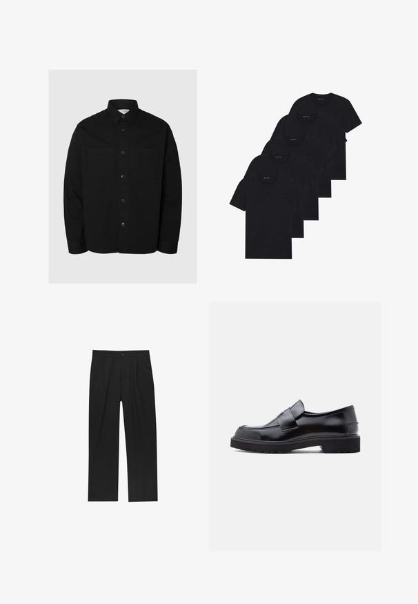 Black long-sleeve button-up shirt with two chest pockets and a classic collar, displayed against a plain light background.; Pack of five black crew-neck t-shirts. Short sleeves, cotton material, standard fit. Smooth texture with no visible patterns or embellishments.; Black pants with a straight-leg design, made from a smooth fabric. Features front pleats and a single button closure at the waist.; Black leather slip-on shoe with a sleek design, rounded toe, and a thick, textured rubber sole. Features a decorative strap across the front.