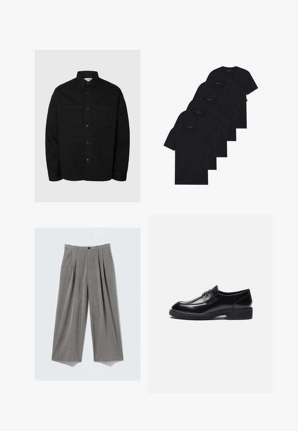 Camisa negra de manga larga con botones, con dos bolsillos en el pecho y un cuello clásico, presentada sobre un fondo claro y liso.; Paquete de cinco camisetas de cuello redondo negras. Mangas cortas, material de algodón, ajuste estándar. Textura suave sin patrones ni adornos visibles.; Pantalones de vestir de pierna ancha en gris con rayas, con pliegues frontales, presillas para cinturón, bolsillos laterales y cierre de botón negro.; Zign LEATHER - Mocasines elegantes - black