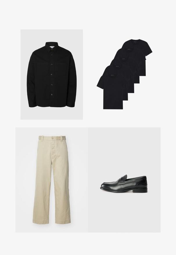 Černá košile s dlouhým rukávem na knoflíky se dvěma náprsními kapsami a klasickým límcem, vystavená na světlém jednolitém pozadí.; Balení pěti černých triček s kulatým výstřihem. Krátké rukávy, bavlněný materiál, standardní střih. Hladký povrch bez viditelných vzorů nebo ozdob.; Béžové bavlněné kalhoty s rovnými nohavicemi, s předním zapínáním na knoflík a poutky na opasek; hladká textura bez vzorů.; Černé kožené mokasíny s hladkým povrchem, prošívanými detaily na svršku a mírně zvýšeným podpatkem.