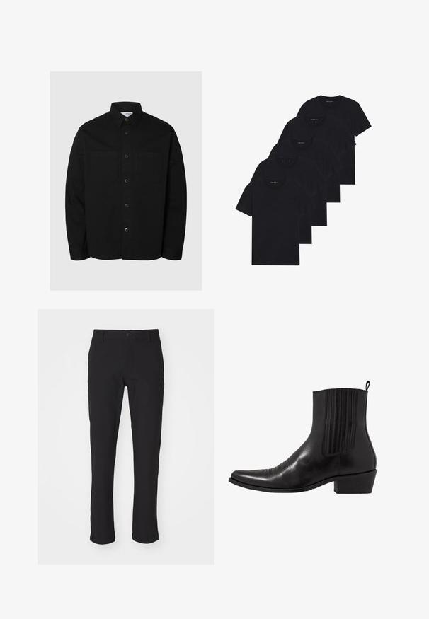 Melnā garām piedurknēm pogājamā krekla ar diviem krūšu kabatām un klasisku apkakli, attēlots uz vienkārša gaiša fona.; Piecu melnu T-kreklu komplekts ar garām piedurknēm. Īsas piedurknes, kokvilnas materiāls, standarta piegriezums. Gluda tekstūra bez redzamām rakstām vai rotājumiem.; Melni bikses, kas izgatavotas no gludas auduma, ar pogu aizdari, šaura taisna piegriezuma un bez redzamām rakstām vai akcentiem.; Melna ādas potītes zābaku ar norādītu pirkstu, elastīgām sānu daļām, vertikālām šuvēm un zemu blokveida papēdi.
