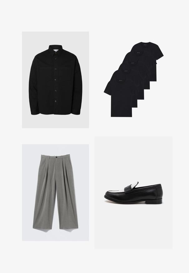 Chemise noire à manches longues avec boutons, deux poches poitrine et col classique, présentée sur un fond léger uni.; Pack de cinq t-shirts noirs à col rond. Manches courtes, en coton, coupe standard. Texture lisse sans motifs ni embellissements visibles.; Pantalons de costume larges à rayures grises avec plis sur le devant, passants de ceinture, poches latérales et fermeture à bouton noir.; Mocassin en cuir noir avec un panneau en cuir blanc contrastant et des coutures. Présente une finition lisse et un design à talon bas.
