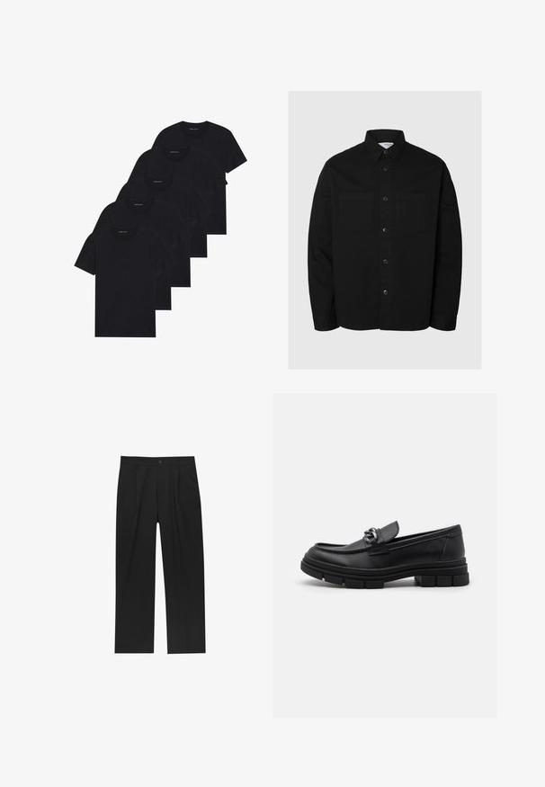 Camicia nera a maniche lunghe con bottoni, dotata di due tasche sul petto e colletto classico, esposta su uno sfondo chiaro e semplice.; Confezione di cinque t-shirts nere a girocollo. Maniche corte, materiale in cotone, vestibilità standard. Texture liscia senza motivi o abbellimenti visibili.; Pantaloni neri con un design a gamba dritta, realizzati in un tessuto liscio. Presentano pieghe frontali e una chiusura a un bottone in vita.; Mocassino in pelle nera con punta arrotondata, una fascia decorativa e accessori in metallo, e una suola spessa e testurizzata. Finitura liscia con dettagli sottili.