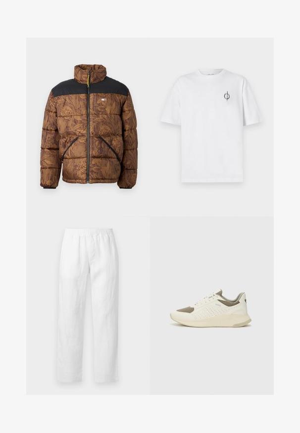 Giacca a vento marrone con motivo floreale, parte superiore nera, colletto alto, zip frontale e due tasche laterali con rifinitura nera.; T-shirt in cotone bianco con vestibilità rilassata, presenta un piccolo logo grafico nero nella zona sinistra del petto. Maniche corte, collo a giro.; Pantaloni in lino bianco con vita elasticizzata, vestibilità a gamba dritta e tessuto morbido senza motivi o dettagli hardware visibili.; Sneaker atletica bianca e beige chiaro, con tomaia in mesh, dettagli perforati e una suola intermedia texturizzata con marchio sul tallone.