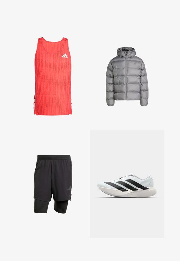 Graue Daunenjacke mit Kapuze, die ein gestepptes Design und einen Reißverschluss hat. Hergestellt aus glänzendem, glattem Material mit elastischen Bündchen.; Rotes Sporttanktop mit einem strukturierten Muster, Rundhalsausschnitt und weißem Adidas-Logo. Seitenschlitze zeigen weiße Streifen für zusätzliche Details.; Schwarze Sportshorts mit integrierter Innenschicht, aus atmungsaktivem Material hergestellt. Mit dezentem Logo und strukturierter Textur. Verstellbarer Bund.; Leichte Laufschuhe in hellblau mit schwarzen Streifen. Sie verfügen über ein glattes Obermaterial, eine runde Zehenpartie und eine dicke weiße Zwischensohle, die mit "LIGHTSTRIKE PRO" beschriftet ist.