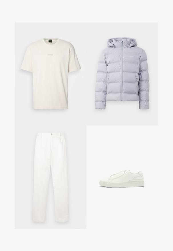 Light gray puffer jacket with a hood, vertical quilting, front zipper, and side pockets. Smooth texture and minimalist design.; BOSS TEE - Basic T-shirt - open white; White trousers made from smooth fabric, featuring a straight leg design, front pleats, and a single button closure at the waist.; White leather sneaker featuring a textured upper, a round toe, minimalistic design, and a rubber sole with stitched detailing.