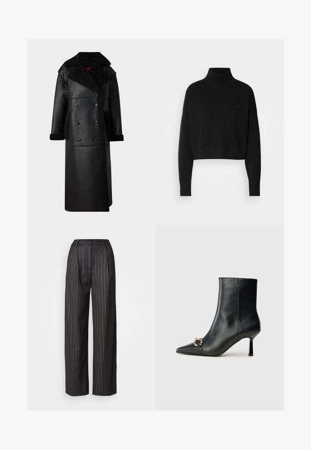 Fekete bőrdzseki, dupla gombolású dizájnnal, shearling részletekkel a galléron és a zsebeknél, hosszú fazonnal és textúrált felülettel.; Fekete cropped pulóver, bordás garbónyakkal, hosszú ujjal, kötött textúrával, kis logóval a mellrészen.; Fekete csíkos nadrág széles lábakkal, redőzött elejével és sima textúrájával. Derékpánttal rendelkezik, és nincsenek látható zsebei.; Fekete bőr bokacsizma hegyes orral, vékony közép magasságú sarokkal és ezüst csattal az oldalon, sima háttér előtt.