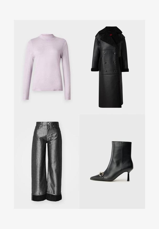 Fekete bőrdzseki, dupla gombolású dizájnnal, shearling részletekkel a galléron és a zsebeknél, hosszú fazonnal és textúrált felülettel.; Világos levendula színű, hosszú ujjú garbó, puha, textúrált anyagból; testhezálló kialakítás, magas, szoros nyakkal.; Fémes sötétszürke farmer széles szárú szabásban, sima textúrával. Fekete farmer szegéllyel és standard gombos záródással, övhurkokkal.; Fekete bőr bokacsizma hegyes orral, vékony közép magasságú sarokkal és ezüst csattal az oldalon, sima háttér előtt.