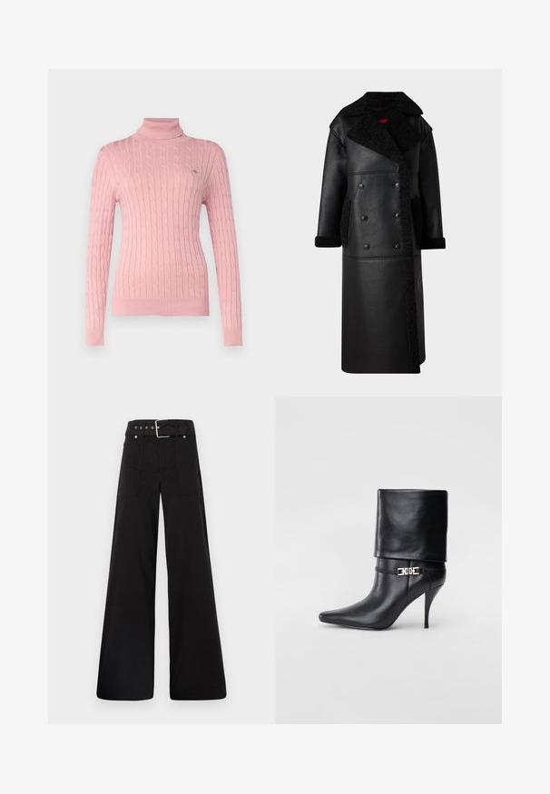 Juodas odinis paltas su dvigubo užsegimo dizainu, avikailio akcentais ant apykaklės ir kišenių, ilgas ilgis ir tekstūruotas paviršius.; GANT TURTLENECK - Džemperis - dusty pink; Juodos plačios kojų kelnės, pagamintos iš medvilnės, su aukšta liemene, didelėmis šoninėmis kišenėmis ir diržu, papuoštu sidabriniais akcentais.; Juodos odinės kulkšninių botų su smailiu nosiu, aukštu stiletto kulnu, apvyniojamu kraštu ir auksine dekoratyvine sagtimi prie kulkšnies.