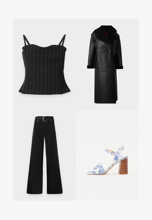 Juodas odinis paltas su dvigubo užsegimo dizainu, avikailio akcentais ant apykaklės ir kišenių, ilgas ilgis ir tekstūruotas paviršius.; Juodas kamšatuvas su plonomis vertikaliomis juostelėmis, turi ploną petnešų dizainą, širdies formos iškirpę ir platų apatinį kraštą.; Juodos plačios kojų kelnės, pagamintos iš medvilnės, su aukšta liemene, didelėmis šoninėmis kišenėmis ir diržu, papuoštu sidabriniais akcentais.; Mėlynos gėlėtos šlepetės su kvadratiniu pirštu, plačia juostele ir reguliuojama kulkšniai, turi struktūruotą medinį blokinį kulną.