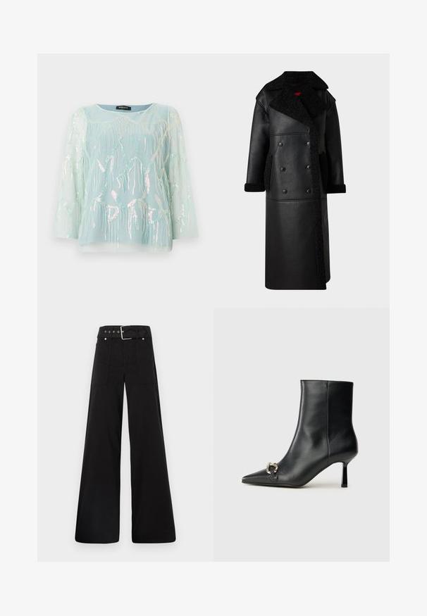 Melns ādas mētis ar dubultās pogas dizainu, vilnas akcentiem apkaklē un kabatās, garu garumu un teksturētu apdari.; Gaiši zila caurspīdīga blūze ar garām piedurknēm, rotāta ar varavīksnenēm kā jūras zvaigznes izšuvumu un spīdīgām akmentiņām, ar apaļu kakla izgriezumu un brīvu piegriezumu.; Melna platā kāju bikses, izgatavotas no kokvilnas, ar augstu jostasvietu, lieliem sānu kabatām un jostu ar sudraba detaļām.; Melnā ādas potīšu zābaku ar smailu purngalu, šauru vidēja augstuma papēdi un sudraba sprādzi sānos uz vienkrāsaina fona.