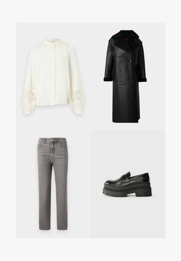 Palton din piele neagră cu un design cu dublă închidere, accente de blană naturală la guler și buzunare, lungime mare și finisaj texturat.; Bluză albă din bumbac cu guler mandarin, cu nasturi în față și mâneci lungi bufante, decorate cu accente de dantelă florală brodată.; Jeans din denim gri cu un design cu tăietură dreaptă, talie medie, cinci buzunare și detalii de cusătură verticală subtile. Textură netedă și ușoară.; Loafers din piele neagră cu o talpă platformă masivă. Vârf rotunjit, detalii cu cusătura frontală și accente subtile de broderie. Talpă plată, texturată.