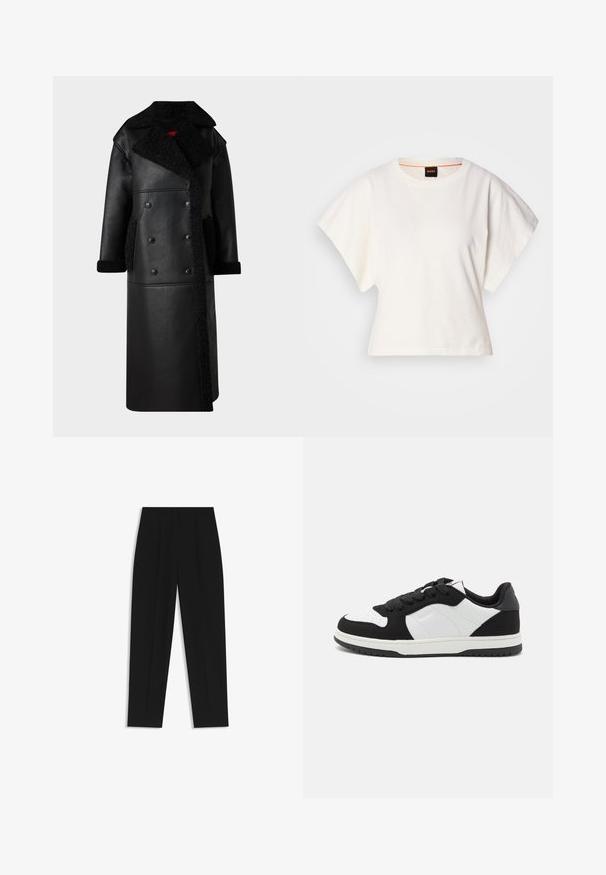 Cappotto in pelle nera con design doppiopetto, dettagli in shearling su colletto e tasche, lunghezza lunga e finitura testurizzata.; T-shirt bianca cropped, maniche corte e larghe, tessuto di cotone morbido, scollatura rotonda con bordino arancione sottile, design minimale, senza motivi o grafiche.; Pantaloni neri a taglio dritto, con doppie pieghe, una texture liscia e un design classico in vita. Nessun hardware o dettaglio visibile.; Sneaker in bianco e nero con una parte superiore in suede testurizzato, dettagli in pelle liscia, punta rotonda e suola in gomma con design a rilievo.