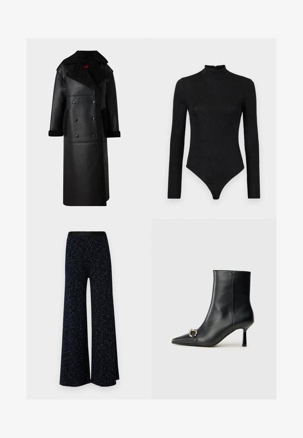 Sort læderfrakke med dobbeltradet design, lammeskindsdetaljer på kraven og lommerne, lang længde og tekstureret finish.; Sort langærmet bodystocking med høj hals og subtil tekstur. Har en lynlås bagpå og en thong-bunddesign.; Mads Nørgaard COTTON SPACE VERAN PANTS - Bukser - multi midnight; Sort læder ankelstøvle med spidse tæer, slank hæl i mellemhøjde og sølvspænde detaljer på siden mod en ensfarvet baggrund.