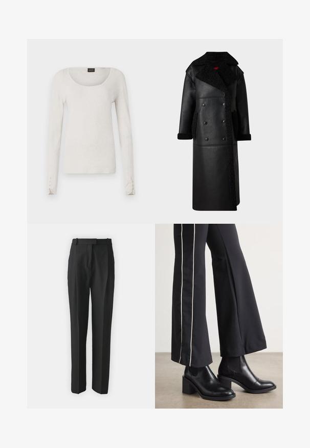 Černý kožený kabát s dvojitým zapínáním, ovčí vlnou na límci a kapsách, dlouhý střih a texturovaný povrch.; Dlouhý rukáv světle šedého trička z měkké bavlny, s kulatým výstřihem a knoflíkovými detaily na manžetách. Jednoduchý a minimalistický design.; Černé kalhoty na míru vyrobené z lehkého materiálu, s rovnými nohavicemi, plochým předním dílem a poutek na opasek. Hladký povrch bez viditelných vzorů.; Černé kožené kotníkové boty na blokovém podpatku, s elastickými bočními panely. V kombinaci s černými kalhotami, které mají bílý boční pruh.