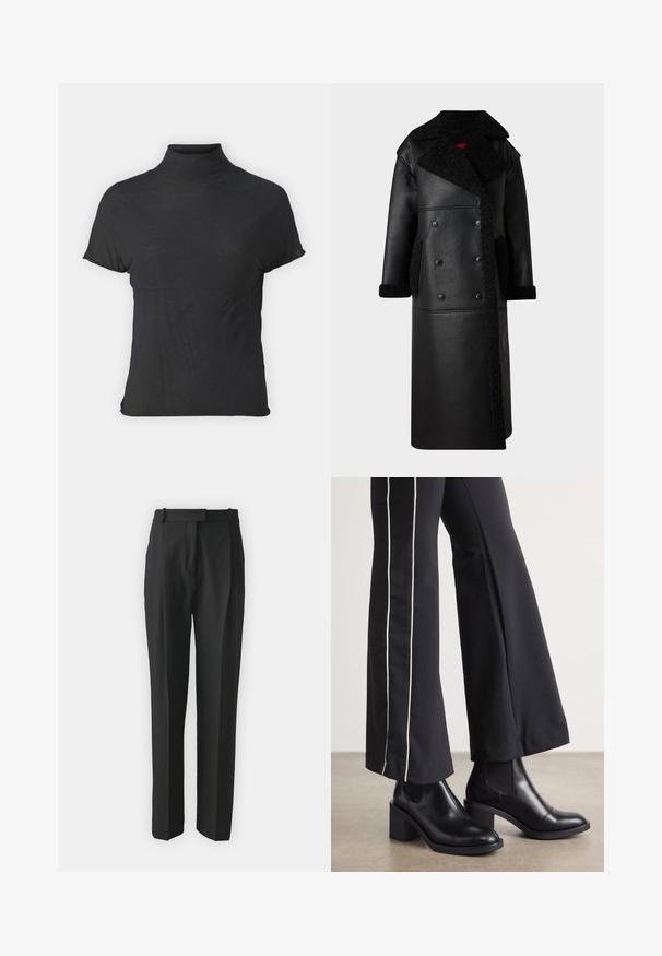 Černý kožený kabát s dvojitým zapínáním, ovčí vlnou na límci a kapsách, dlouhý střih a texturovaný povrch.; Černý krátký rukáv turtleneck vyrobený z lehkého materiálu s hladkou texturou a přiléhavým střihem, s vysokým výstřihem.; Černé kalhoty na míru vyrobené z lehkého materiálu, s rovnými nohavicemi, plochým předním dílem a poutek na opasek. Hladký povrch bez viditelných vzorů.; Černé kožené kotníkové boty na blokovém podpatku, s elastickými bočními panely. V kombinaci s černými kalhotami, které mají bílý boční pruh.