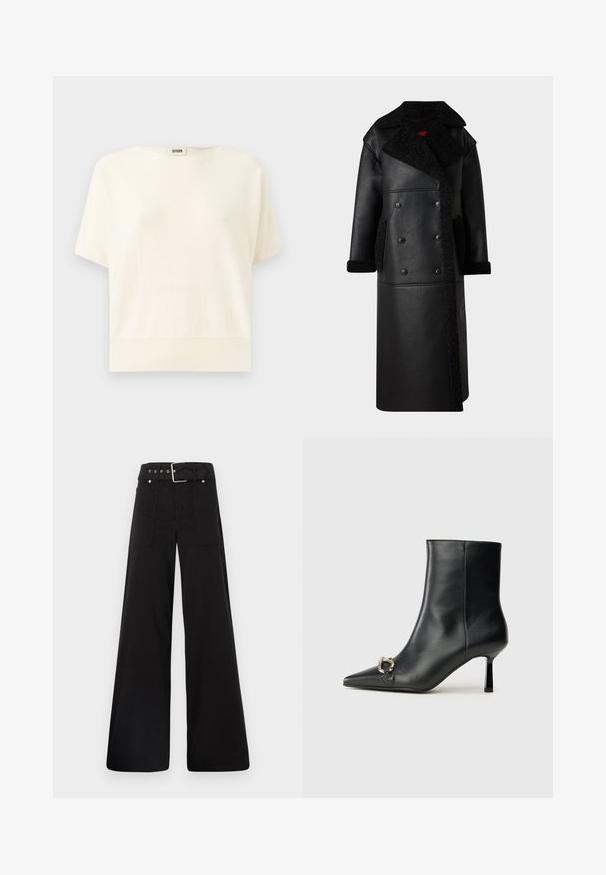 Černý kožený kabát s dvojitým zapínáním, ovčí vlnou na límci a kapsách, dlouhý střih a texturovaný povrch.; Krémové tričko s krátkým rukávem, volného střihu, ribbeným lemem a kulatým výstřihem; vyrobené z měkké, lehké tkaniny.; Černé široké kalhoty vyrobené z bavlny, s vysokým pasem, velkými bočními kapsami a opaskem s kovovými akcenty v barvě stříbra.; Černá kožená kotníková bota s špičatou špičkou, úzkým středně vysokým podpatkem a stříbrnou sponou na straně, na jednobarevném pozadí.