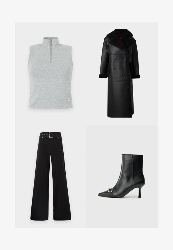 Fekete bőrdzseki, dupla gombolású dizájnnal, shearling részletekkel a galléron és a zsebeknél, hosszú fazonnal és textúrált felülettel.; Világosszürke ujjatlan pulóver magas gallérral, elülső félcipzárral, bordázott textúrával és kis logó címkével az alsó bal oldalon.; Fekete, bő szárú nadrág, pamutból készült, magas derékkal, nagy oldalsó zsebekkel és ezüst színű hardverelemekkel ellátott övvel.; Fekete bőr bokacsizma hegyes orral, vékony közép magasságú sarokkal és ezüst csattal az oldalon, sima háttér előtt.