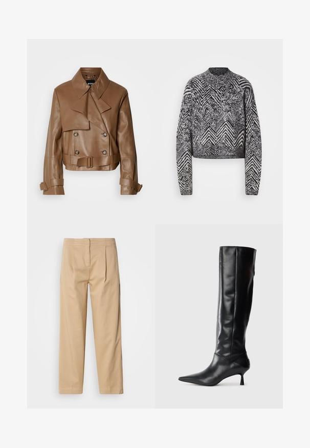 Brown leather cropped jacket with a wide collar, double-breasted buttons, and a belt, displayed against a plain white background.; Cropped sweater in black and white with a chevron pattern, features long sleeves and a round neckline. Textured knit fabric.; Beige cotton pants with a relaxed fit, featuring two front pleats, a straight leg, and a classic button closure at the waistband.; Black leather knee-high boot with a pointed toe and slim curved heel. Smooth texture, fitted design, and no visible hardware or patterns.