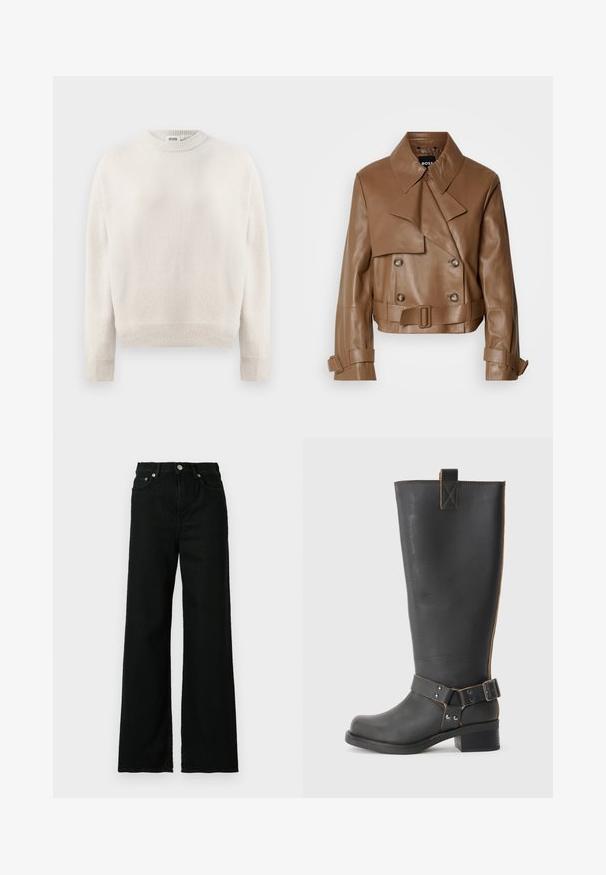 Jachetă cropt din piele maro, cu guler larg, nasturi dubli și o curea, expusă pe un fundal alb simplu.; Pulover tricotat de culoare crem, cu mâneci lungi, manșete și tiv ribatate, și guler rotund, etichetat "DRYKORN" în interiorul gulerului.; Blugi din denim negru cu talie înaltă, croi lejere, având închidere cu nasture și fermoar în față, precum și design clasic cu cinci buzunare.; Cizmă înaltă din piele neagră, cu un finisaj texturat, având un accent cu cataramă pe lateral și un toc mic. Cusături detaliate de-a lungul cusăturilor.