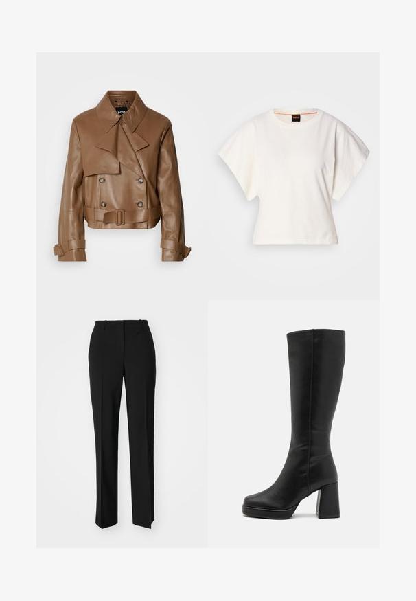 Barna bőr cropped dzseki széles gallérral, dupla gombos záródással és övvel, fehér háttér előtt kiállítva.; Fehér, rövid, bő ujjú, crop szabású póló, puha pamut anyagból, kerek nyakkivágással, finom narancssárga díszítéssel, minimalista dizájn, minta vagy grafika nélkül.; Fekete, testhezálló nadrág egyenes szárú kivitelben, sima textúrával és éles redőkkel az elején. Nincs látható fémalkatrész.; Anna Field Magassarkú csizmák - black