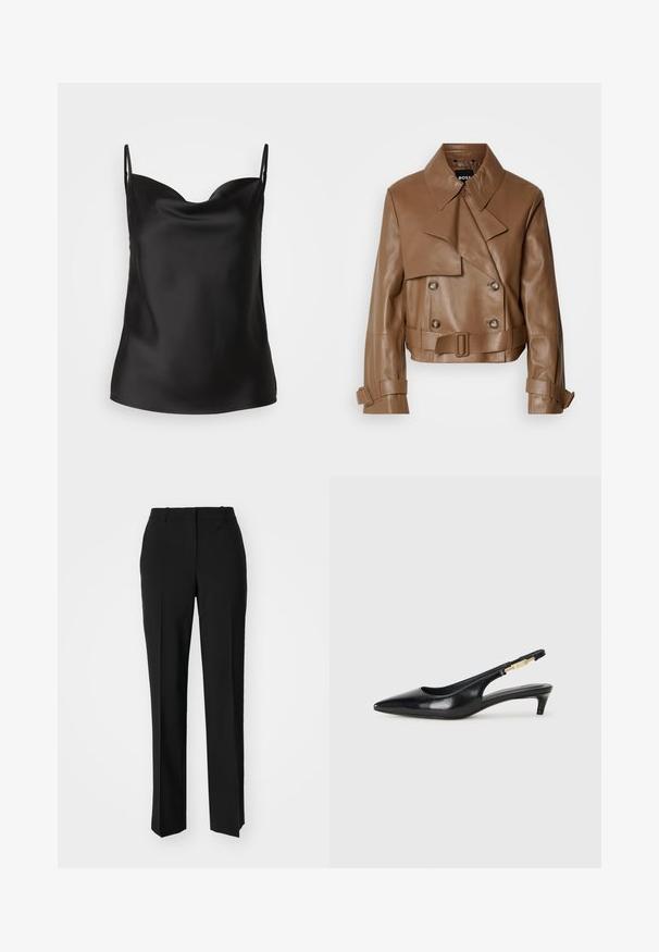 Hnedá kožená skrátená bunda so širokým golierom, dvojradovým zapínaním a opaskom, vystavená na jednoduchom bielom pozadí.; Čierny saténový top s hlbokým výstrihom, tenkými ramienkami a hladkým, lesklým povrchom. Jednoduchý, klasický dizajn bez ozdôb.; Čierne krajčírské nohavice so strihom rovného nohu, s hladkou textúrou a ostrými skladmi pozdĺž prednej časti. Žiadne viditeľné hardvér.; Čierne kožené slingback opätky s špicatou špičkou, s úzkym opätkom a zlatým detailom na nastaviteľnom remienku. Hladká textúra.