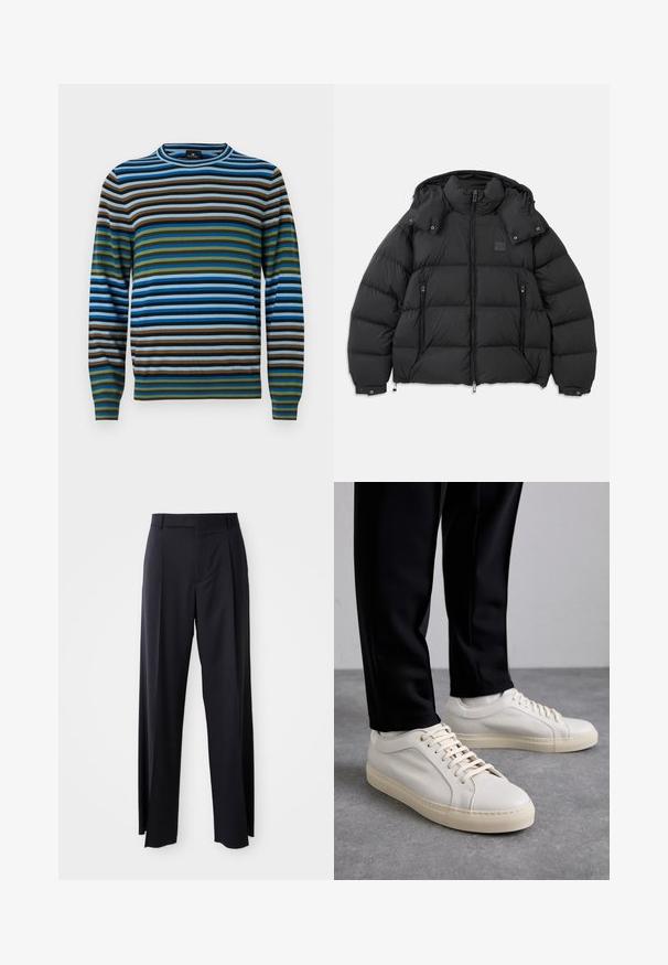 Melns pūkains mētens ar augstu apkakli, atņemamu kapuci, priekšpusi ar rāvējslēdzēju un divām rāvējslēdzēja sānu kabatām; ar kviltētām paneļiem.; Svītrains džemperis ar horizontālām līnijām zilā, zaļā, brūnā un pelēkā krāsā; izgatavots no mīksta materiāla, ar apaļu kakla izgriezumu un ribotiem aprocēm.; Melnas, augstās vidukļa bikses ar platām kājām, izgatavotas no gludas auduma. Iezīmē priekšējās krokas un jostas cilpas. Minimalistisks dizains, bez redzamām detaļām.; Gai beige ādas kedas ar plakaniem šņorēm, teksturētu virsmu un kontrastējošu krēmkrāsas gumijas zoli, apvienotas ar melniem pieguļošiem biksēm.