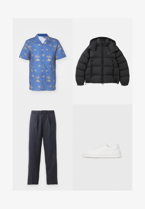 Giacca a vento nera con colletto alto, cappuccio removibile, chiusura con zip frontale e due tasche laterali con zip; presenta pannelli trapuntati.; Camicia a maniche corte in tessuto blu con motivo floreale giallo, dotata di colletto e chiusura a bottoni sul davanti. Tessuto morbido.; Pantaloni scuri in navy realizzati in tessuto morbido, con design a pieghe frontali e vita elastica. Presentano una chiusura con bottone e un taglio dritto.; Sneaker bianco con tomaia in pelle liscia, punta rotonda, lacci, accenti laterali testurizzati e suola in gomma spessa. Design minimalista.