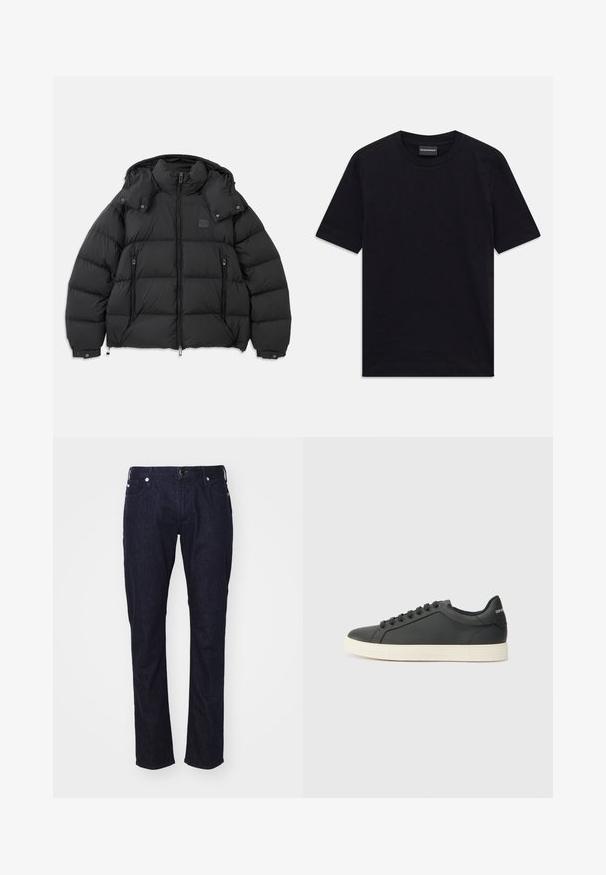 Μαύρο μπουφάν puffer με ψηλό γιακά, αποσπώμενη κουκούλα, μπροστινό φερμουάρ και δύο πλαϊνές τσέπες με φερμουάρ; διαθέτει καπιτονέ πάνελ.; Μαύρη κοντομάνικη μπλούζα με στρογγυλή λαιμόκοψη και διακριτό ανάγλυφο σχέδιο, με το λογότυπο της μάρκας ραμμένο μέσα στον γιακά, τοποθετημένη επίπεδη πάνω σε λευκό φόντο.; Σκούρα μπλε τζιν παντελόνι με ίσια γραμμή, διαθέτοντας πέντε τσέπες, κλείσιμο με κουμπί και φερμουάρ, καθώς και διακριτές ραφές.; Μαύρο δερμάτινο αθλητικό παπούτσι με χαμηλό προφίλ, στρογγυλή μύτη και κλείσιμο με κορδόνια. Διαθέτει υφή ελαστική σόλα και λεπτομέρεια λογότυπου στη φτέρνα.