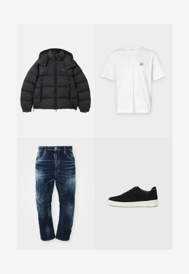 Black puffer jacket with a high collar, detachable hood, zipper front, and two zippered side pockets; features quilted panels.; White t-shirt made of cotton featuring short sleeves, a crew neck, and a small gray logo on the left chest area. Smooth texture.; Dark blue denim jeans with a faded wash, five-pocket design, zip fly, and contrasting stitching. Features slight distressing on the knees.; Black suede sneaker with lace-up design and contrasting white rubber sole. Features textured side panels and subtle branding on the heel.