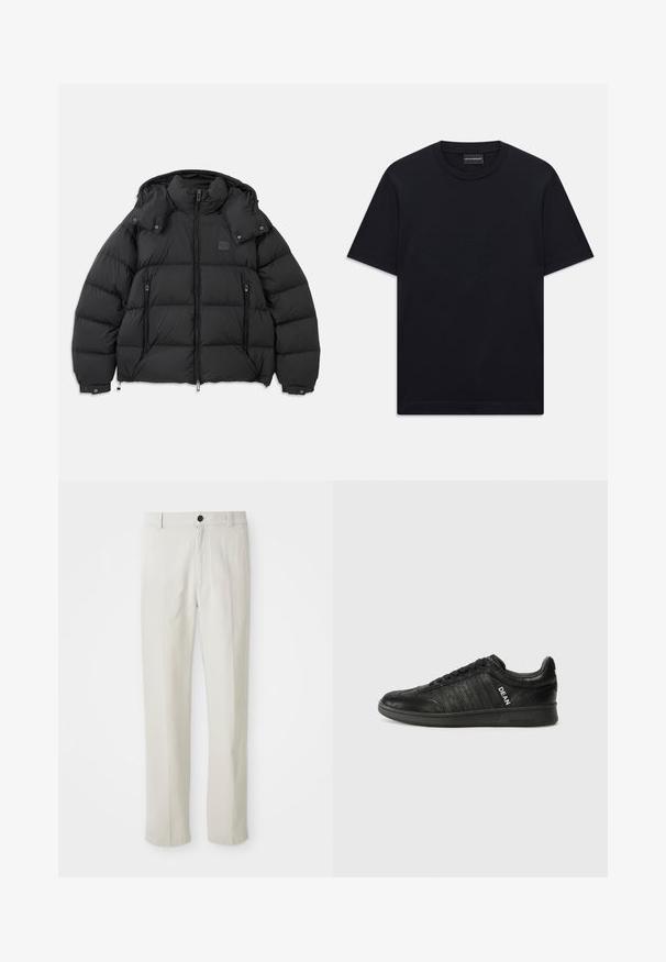 Mustad musta puffjakid kõrge kraega, eemaldatava kapuutsiga, ees lukuga ja kahe külje lukuga taskuga; omaduseks on tepitud paneelid.; Must ja lühikeste varrukatega T-särk ümaratest kaelusest, diskreetne reljeefne logo disain, mis on keskendatud rinnale, ja kaubamärgiga silt kaeluses.; Beezid sirgedega püksid, millel on vöökohakinnitus, esine nupuga ja tõmblukk, näidatud lapikult valgel taustal.; Musta tenniseking, mis on valmistatud tekstureeritud nahast, millel on lame talla, nööpidega eesosa ja külgedel valgete "DEAN" logo ribad.