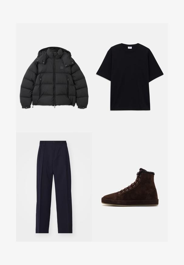 Jachetă puf din material negru, cu guler înalt, glugă detașabilă, fermoar în față și două buzunare laterale cu fermoar; prezintă panouri matlasate.; Tricou oversized cu mânecă scurtă, de culoare neagră, cu decolteu rotund și etichetă Filippa K vizibilă în interiorul gulerului.; Pantaloni navy blue, croiți, cu design drept, pliuri în față, închidere cu nasture și fără buzunare vizibile. Textură de material neted.; Tenisi înalți din suede maro, cu șireturi în față, vârf rotund, căptușeală moale la gât și talpă din cauciuc.