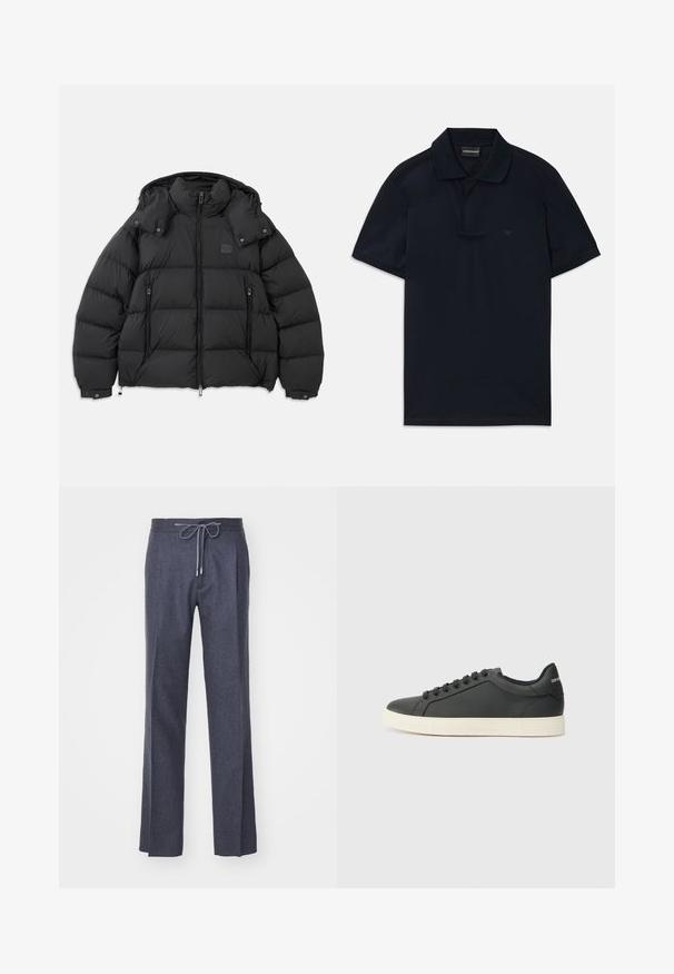 Melns pūkains mētens ar augstu apkakli, atņemamu kapuci, priekšpusi ar rāvējslēdzēju un divām rāvējslēdzēja sānu kabatām; ar kviltētām paneļiem.; Navy zils īsā piedurkne polo krekls ar apkakli un diskrētu logo kreisajā krūtī, novietots plakaniski uz baltā fona.; LARDINI Auduma bikses - grey; Melna ādas kedas ar zemu profilu, noapaļotu purngalu un savelkamu aizdari; ar teksturētu gumijas zoli un logotipa detaļu uz papēža.