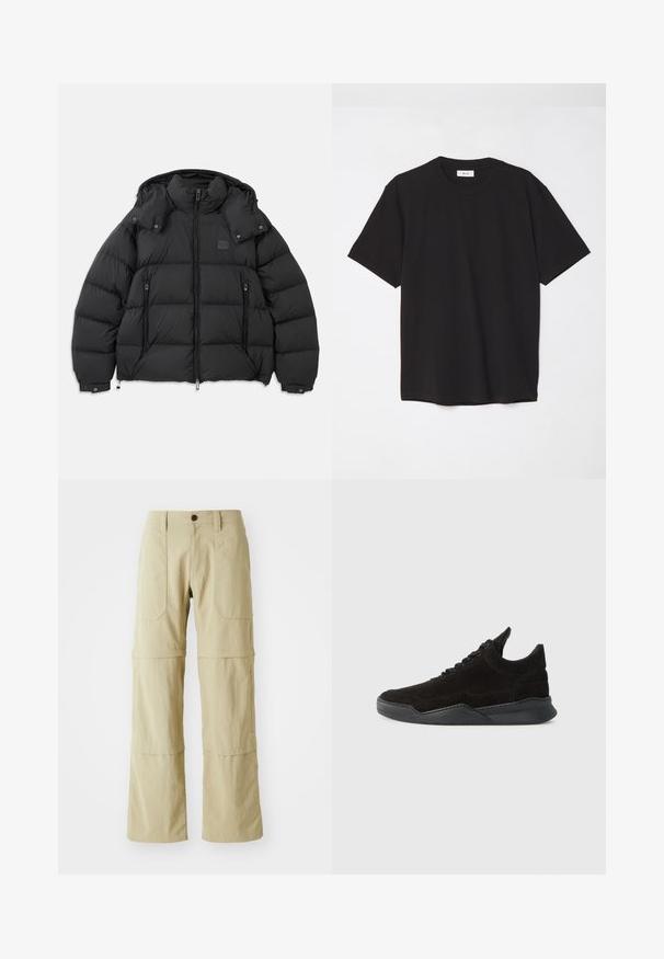 Črna puhovka z visokim ovratnikom, snemljivo kapuco, zadrgo spredaj in dvema žepoma z zadrgo; vsebuje prešitih panelov.; Črna bombažna majica s krojnim ovratnikom, kratkimi rokavi in sproščenim krojem. Preprost dizajn, gladka tekstura in brez vidnih vzorcev ali logotipov.; Bež cargo hlače s ravnim krojem, dvema sprednjima žepoma in zip zapiranjem na dnu za prilagodljivo dolžino. Narejene iz lahkotnega materiala.; Črne semiške superge z nizkim profilom, teksturiranim zgornjim delom, ravnimi vezalkami in trdnim gumijastim podplatom, ki ima rahlo peto in ukrivljen dizajn.