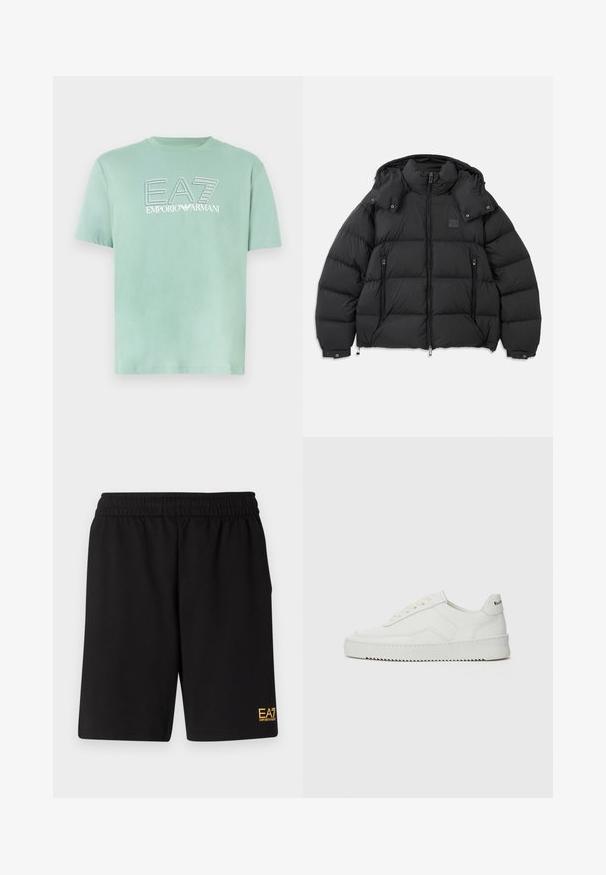 Svart puffjacka med hög krage, avtagbar huva, dragkedja fram och två dragkedjefickor på sidan; har quiltade paneler.; Ljusgrön bomulls-t-shirt med rund hals, korta ärmar och en tryckt logotyp "EA7 EMPORIO ARMANI" på framsidan i kontrasterande vitt.; Svarta träningsshorts i mjukt tyg, med ett elastiskt midjeband och en liten gul EA7-logotyp på nedre vänstra benet.; Vita lädersneakers med en jämn yta, rund tå, platta snörningar och en strukturerad sula. Har en diskret logotyp på hälen.