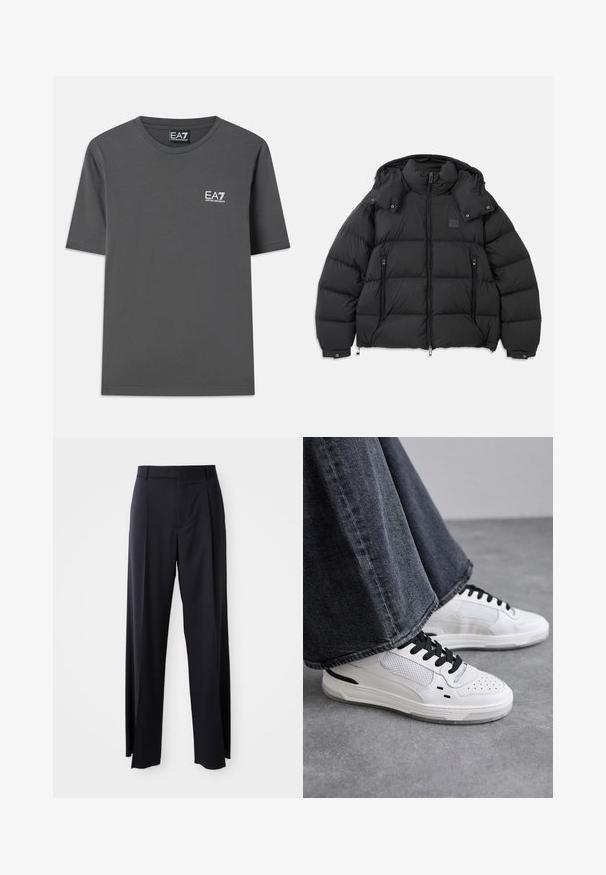 Čierna puffa bunda s vysokým golierom, odnímateľnou kapucňou, zipsom na prednej strane a dvoma zipsovými bočnými vreckami; obsahuje prešité panely.; Sivé bavlnené tričko s krátkymi rukávmi, okrúhlym výstrihom a malým bielym logom na ľavej strane hrudníka. Hladká textura a štandardný strih.; Čierne, vysoké nohavice so širokým strihom, vyrobené z hladkej látky. Obsahujú predné skladby a pútka na opasok. Minimalistický dizajn, bez viditeľnej kovania.; Biele tenisky s čiernymi šnúrkami a sieťovinou. Majú hladký kožený zvršok a textúrovanú gumovú podrážku. Skombinované so širokými šedými džínsami.
