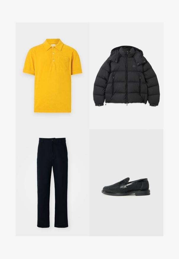 Fekete puff jack, magas gallérral, levehető kapucnival, cipzáros elülső résszel és két cipzáros oldalzsebbel; steppelt panelek jellemzik.; Sárga, puha frottírból készült pólóing gallérral, két gombbal és elülső zsebből. Rövid ujjú és egyszínű.; Sötétkék pamut nadrág, egyenes szárú fazonnal, elülső gombos záródással és klasszikus derékkal, övhurkokkal.; Fekete szőtt slip-on cipő sima bőr díszítéssel a felsőrészen, kerek orral és alacsony profilos gumitalppal.