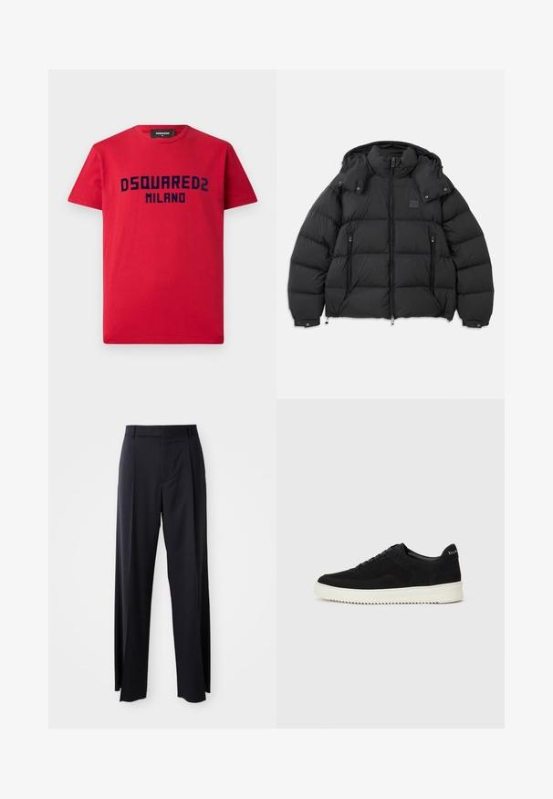 Casaco puffer preto com gola alta, capuz destacável, fecho de correr à frente e dois bolsos laterais com zíper; apresenta painéis acolchoados.; T-shirt de algodão vermelho com mangas curtas, apresentando o logótipo em azul marinho "DSQUARED2 MILANO" na parte frontal. Design clássico de gola redonda.; Calças pretas de cintura alta, com corte amplo, feitas de um tecido suave. Apresentam pregas frontais e passadores para cinto. Design minimalista, sem hardware visível.; Sapatilhas de camurça pretas com design de atacadores e sola de borracha branca em contraste. Apresenta painéis laterais texturizados e uma marcação discreta no calcanhar.