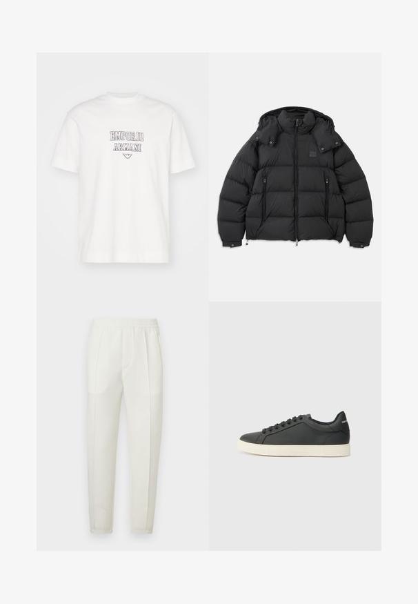 Black puffer jacket with a high collar, detachable hood, zipper front, and two zippered side pockets; features quilted panels.; Emporio Armani Print T-shirt - white font; White slim-fit pants with an elastic waistband, featuring two side pockets and a smooth, slightly shiny texture.; Black leather sneaker with a low profile, rounded toe, and lace-up closure; features a textured rubber sole and logo detail on the heel.