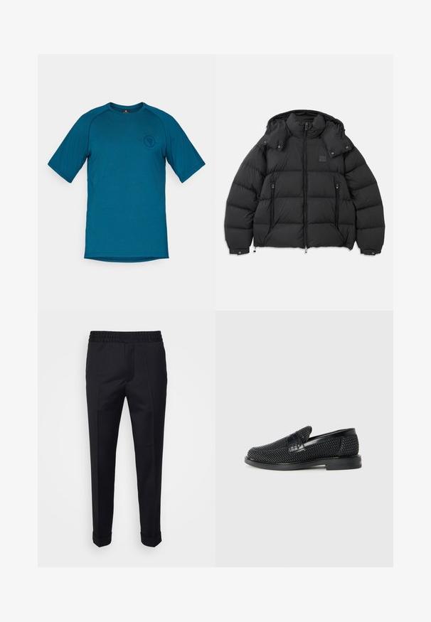 Doudoune noire avec un col haut, capuche amovible, fermeture éclair à l'avant et deux poches latérales zippées ; possède des panneaux matelassés.; T-shirt teal à manches courtes, fabriqué en tissu lisse. Doté d'un col rond et d'un logo sur la partie gauche de la poitrine. Design globalement simple.; Pantalon noir en tissu léger, avec une taille élastique, des poches latérales et des poignets roulés. Texture lisse avec des plis à l'avant.; Chaussure slip-on tissée noire avec un accent en cuir lisse sur le dessus, un design à bout rond et une semelle en caoutchouc à profil bas.