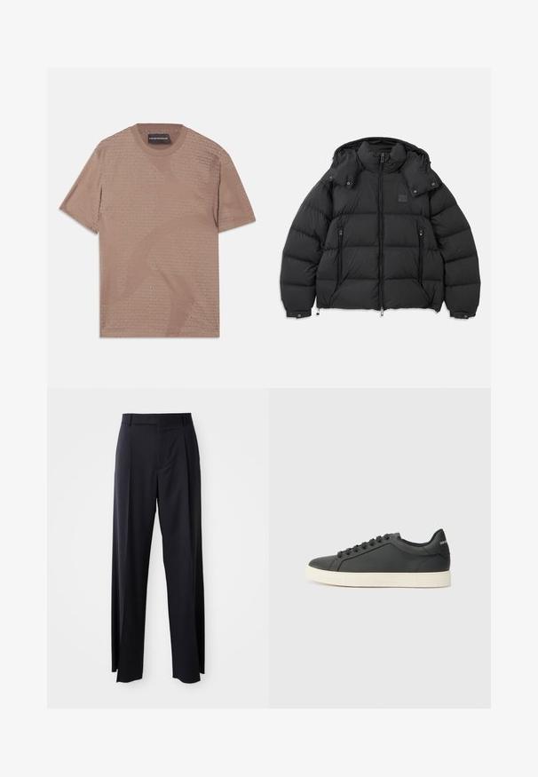 Črna puhovka z visokim ovratnikom, snemljivo kapuco, zadrgo spredaj in dvema žepoma z zadrgo; vsebuje prešitih panelov.; T-anica kratkih rokavov v bež barvi iz mehkega blaga, ki ima subtilen vzorec logotipa Emporio Armani po celotni površini. Okrogla ovratnica s podrobnostmi šivanja.; Črne hlače visoke pasu s širokimi nogavicami, narejene iz gladkega blaga. Imajo sprednje gube in zanko za pas. Minimalističen dizajn, brez vidnih dodatkov.; Črne usnjene superge z nizkim profilom, okroglo špičko in vezalkami; vsebujejo teksturiran gumijast podplat in detajl z logotipom na peti.