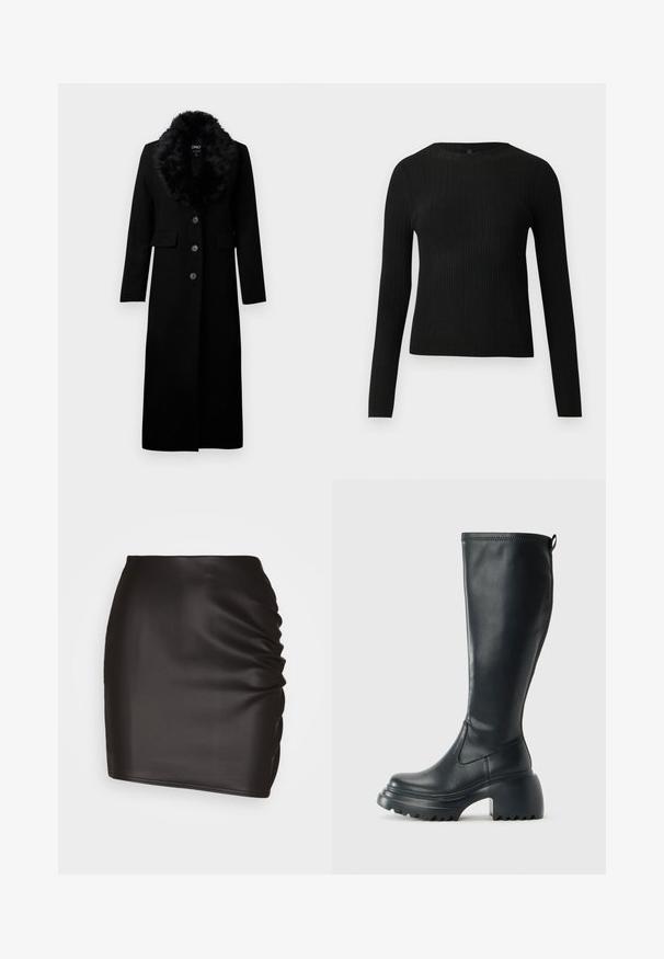 Zwarte lange jas van een wolmix, met een nepbontkraag, vijf knopen aan de voorkant en twee zijzakken. Soepele textuur en verfijnd ontwerp.; Zwarte geribde langochtriem trui met een ronde halslijn, weergegeven tegen een effen lichte achtergrond.; Zwarte minirok van glad synthetisch materiaal, met rimpeldetails aan één kant en een aansluitende pasvorm.; Hoge zwarte leren laars met een chunky plateauzool en blokhak, voorzien van een trekband en een gestructureerd profiel op de buitenzool.