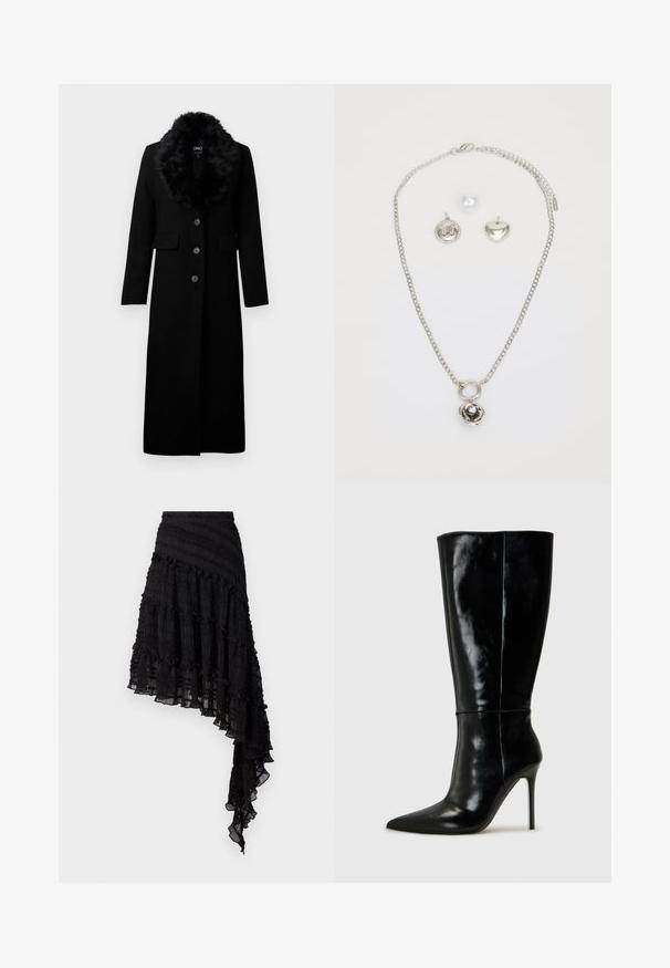 Črn dolg plašč iz mešanice volne, z umetnim krznom na ovratniku, petimi sprednjimi gumbi in dvema stranskima žepoma. Gladka tekstura in prirejena zasnova.; Črna majica s puloverjem in dolgimi rokavi, izdelana iz rebraste tkanine, ima prilegan kroj s visokim ovratnikom in brez vzorcev ali okrasnih elementov.; Črna asimetrična krila z teksturiranimi naborki, plastmi volanov in smock pasom. Lahka tkanina s prosojno zaključkom.; Črne usnjene škornje do kolen s koničastim nosom in visokim stiletto peto. Gladka tekstura in eleganten dizajn, ki vključuje minimalne detajle.; Srebrna verižica z obeskom v obliki vrtnice, okroglo charmo s kamni svetišča, čar s srcem in biserom, vse z poliranim zaključkom.
