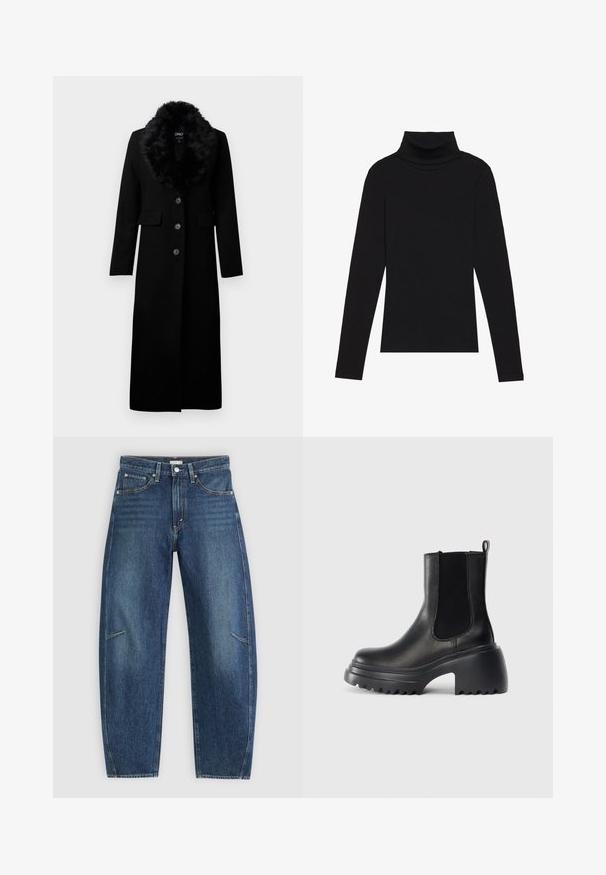Casaco longo preto feito de mistura de lã, com colarinho de pelagem sintética, cinco botões frontais e dois bolsos laterais. Textura suave e design ajustado.; Top de gola alta de manga longa, preto, feito de tecido canelado, apresenta um design justo com um decote elevado e sem padrões ou detalhes.; Jeans de ganga azul-escuro com um design de perna reta, apresentando bolsos frontais, costura em contraste e uma textura ligeiramente desbotada nas pernas.; Botas de tornozelo em couro preto com painéis laterais elásticos, sola grossa e chunky, e detalhes de aderência texturizada na sola exterior. Design minimalista.