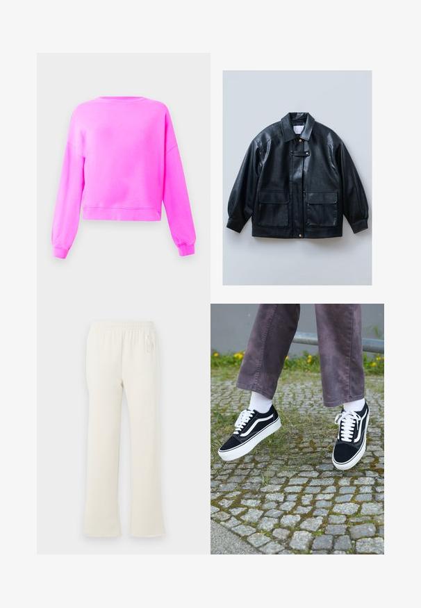 Casaco de imitação de pele preta com decote com gola, fecho por botão, dois bolsos frontais com aba e mangas largas e estruturadas.; Sweatshirt de manga longa de cor rosa brilhante com punhos e barra canelados, exibido sobre um fundo claro e liso.; Calças de sweats cor creme com cintura elástica e um discreto logótipo "GAP" no quadril esquerdo, exibidas sobre um fundo branco.; Sapatilhas de camurça pretas com detalhes brancos, apresentando um bico arredondado, sola branca grossa e um design clássico de atacadores, usadas com meias brancas e calças roxas.