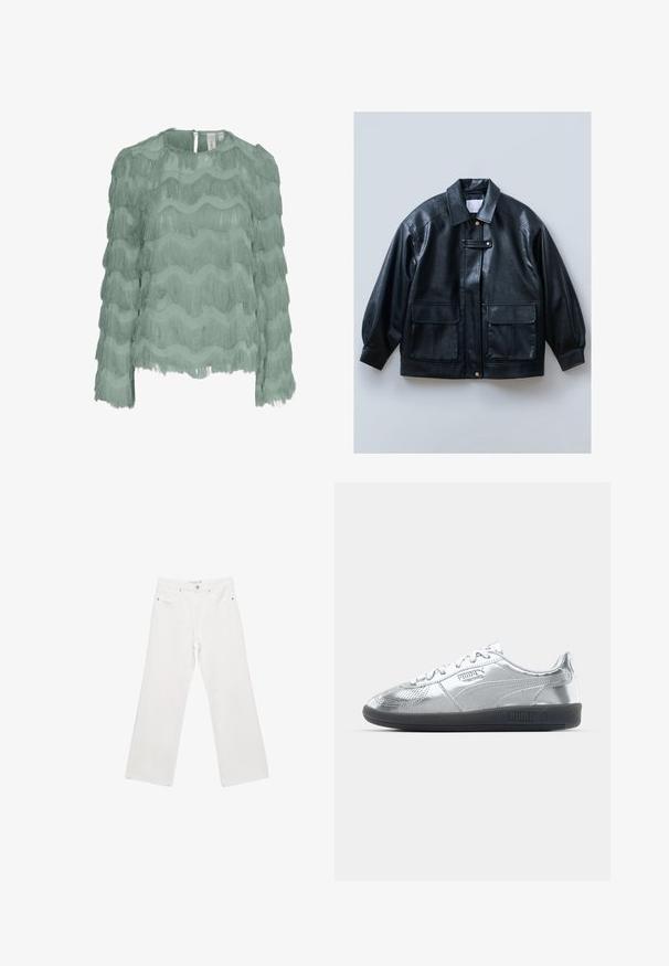Giubbotto in finta pelle nera con collo a camicia, chiusura con bottoni, due tasche frontali con patta e maniche strutturate e oversize.; Blusa verde menta a maniche lunghe con design a frange orizzontali sovrapposte, tessuto testurizzato, scollatura rotonda e chiusura con bottone sul retro.; Pantaloni larghi in denim bianco con design a cinque tasche, dotati di minuteria metallica e cuciture a contrasto. Texture liscia e vestibilità rilassata.; Sneakers argentati con una tomaia liscia e riflettente, dotati di suole in gomma nere e un classico design con allacciatura. Logo Puma sul lato.